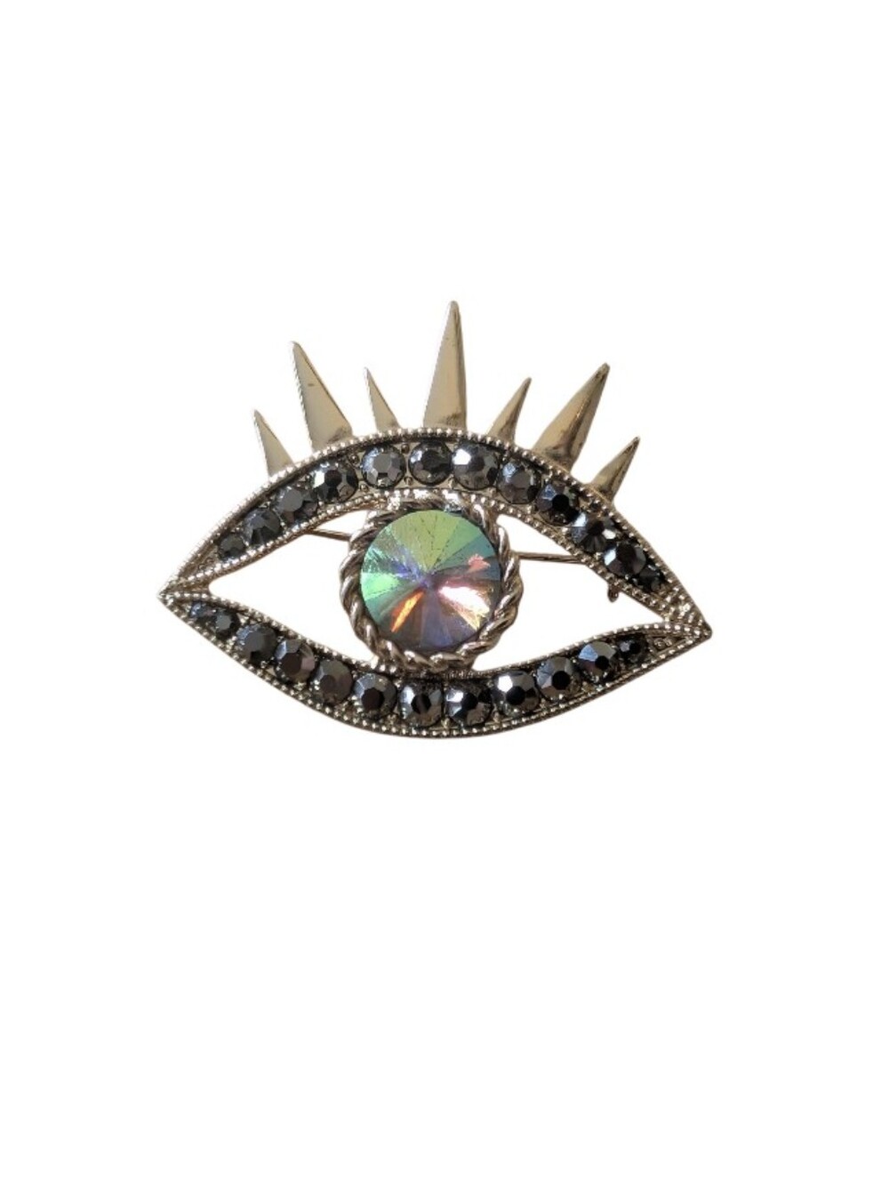 Evil Eye Brooch with Iridescent Center and Black Crystal Accents